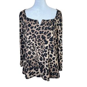 SUNNY LEIGH Womens Stretch Cheetah Print Top 3/4 Sleeve Square Neck Mobwife Sz L